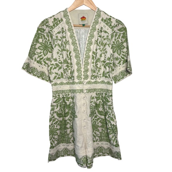 FARM Rio Pants - Farm Rio Green White Floral Embroidered Linen Miranda Romper Small